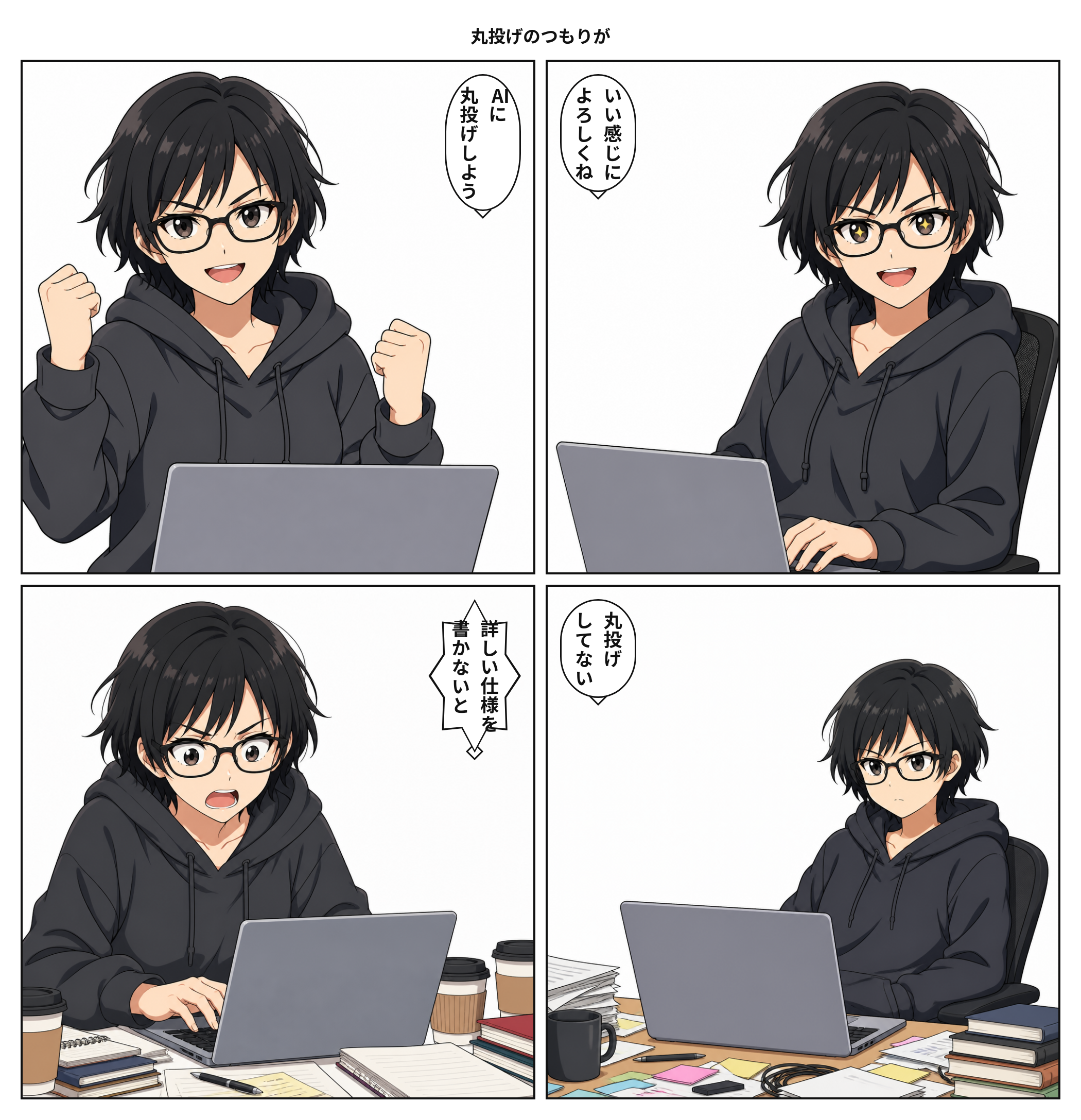 yonkoma-mangaで生成した4コマ漫画のデモ。AIに丸投げしようとしたエンジニアが、結局は仕様書を書く羽目になる話
